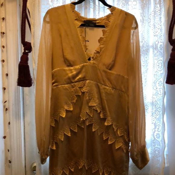 SHERI BODELL(NEW)GOLD SILK-SHEER SLEEVES DRESS - Picture 5 of 7